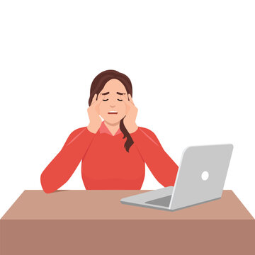 Stress, burnout, overwork concept. Young stressed businesswoman cartoon character witting touching head working on laptop feeling worried, tired and overwhelmed. Flat vector illustration isolated on w