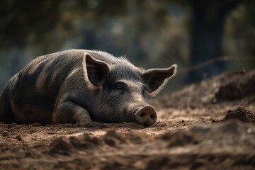 A large hog is napping in the dirt. A filthy pig lies down on the ground. Generative AI