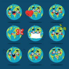 Earth day vector cartoon set with funny globe characters.