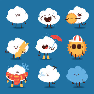 Cute weather characters with funny cloud and sun vector cartoon set isolated on a white background.