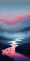 Foggy River at Sunset, generative ai