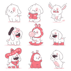 Cute dogs vector cartoon puppies characters set isolated on a white background.