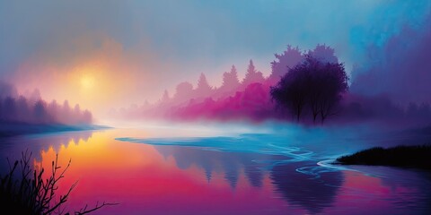 Foggy Lake at Sunset, generative ai