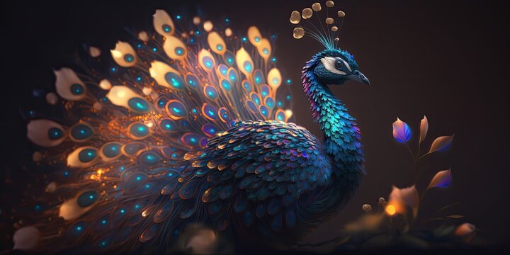 Illustration of Beautiful Peacock shining feathers on night background, peocock on night background, close up peocock 4k HD walpaper