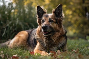 Naklejka na ściany i meble An elderly Alsatian approaches the camera, tongue protruding. An Alsatian or German Shepherd dog in a park, country meadow, or grass field. The background is green. clear eyes. sunny. Generative AI