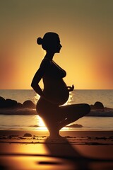 Pregnant woman silhouette yoga is sunset. Generative Ai