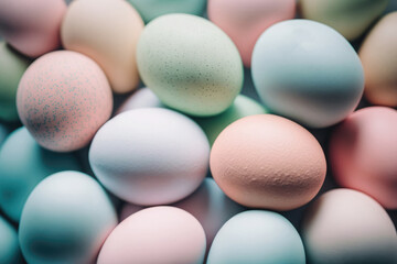 Flat lay of colorful chicken eggs texture background easter concept. Neural network AI generated art