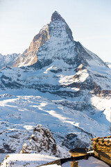 Winter mountain landscape. Snowy mountain Matterhorn during the day in winter. Zermatt, swiss alps
