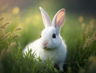 Naklejka premium White Bunny in Garden, generative ai