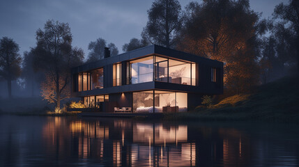 Obraz premium Modern house by the river in the evening created with Generative AI