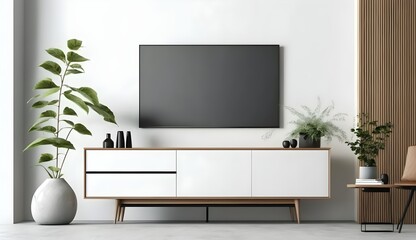 Smart TV on large white wall mock up, Mid century modern living room interior, with credenza sideboard, with plants and vases, mcm, modern luxury home décor, Samsung blank, stylized virtual staging