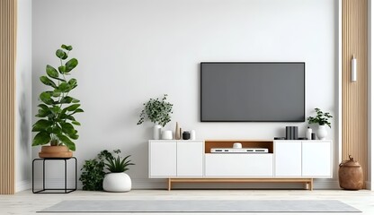Smart TV on large white wall mock up, Mid century modern living room interior, with credenza sideboard, with plants and vases, mcm, modern luxury home décor, Samsung blank, stylized virtual staging