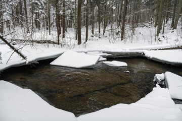 Snowy Winter Landscape with River in Forest. Flowing Water