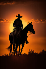Fototapeta na wymiar Cowboy riding a horse in a purple night, generative Ai