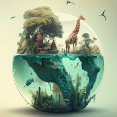 Fantastical island world with a giraffe, birds and fish underwater. Generative AI.