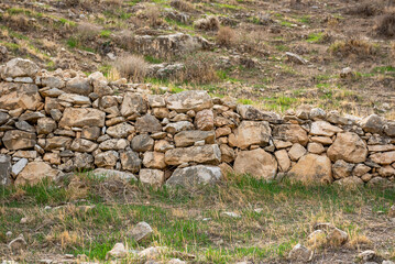 Stone wall in Mountain. Wadi Qelt valley in the West Bank, originating near Jerusalem and running...