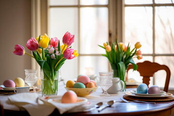 Easter Still Life Elegant Table Setting, Beautiful Decoration of Festive Brunch With Eggs And Flowers Decoration for Pascha Party