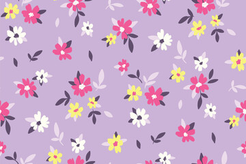Seamless floral pattern, liberty ditsy print with small cute flowers on a lilac background. Pretty spring design with tiny hand drawn flowers, leaves in a random arrangement. Vector illustration.