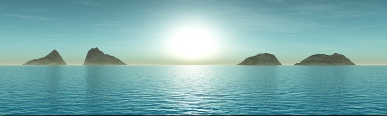 Obraz premium Sunrise over the archipelago, sea sunset, 3d rendering