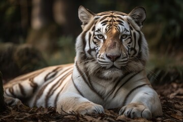 Tigre is resting in Cabarceno Santander Park. Generative AI