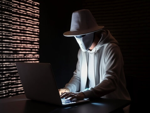 Anonymous hacker with white hat. Concept of hacking cybersecurity, cybercrime, cyberattack, etc.