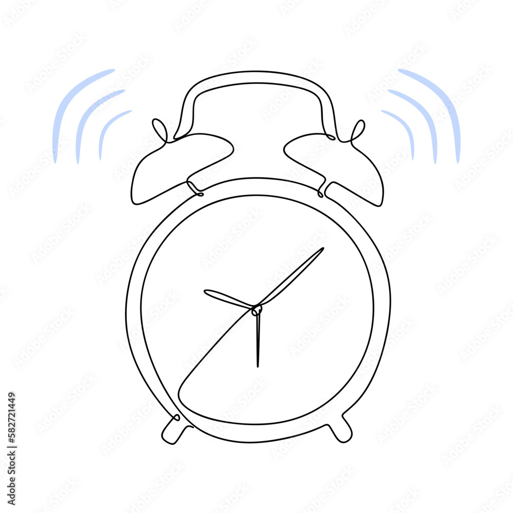 Poster alarm clock in continuous line art drawing style. start work concept. minimalist black linear sketch