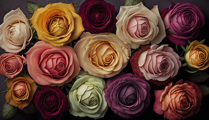 Rosen in verschiedenen Farben. Sicht von oben (Generative AI) 