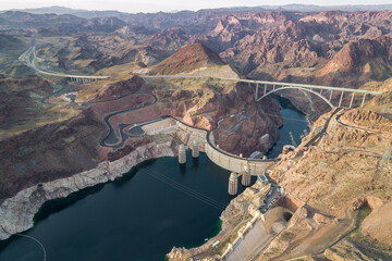 Hoover Dam in Nevada. Mountain and Colorado River in Background. Sightseeing Place. USA