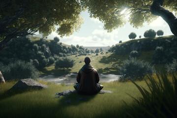 a monk meditating in nature, created by a neural network, Generative AI technology - obrazy, fototapety, plakaty