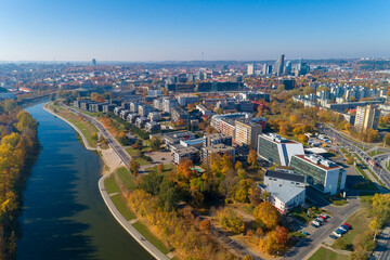 Vilnius Cityscape with Autumn Trees, River Neris in Background. Lithuania
