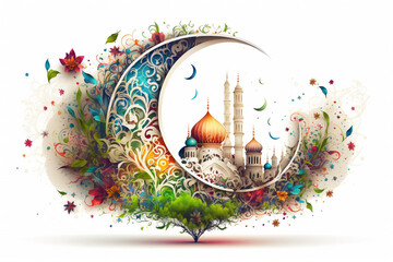 Illustration of Islamic theme design with floral motives for Ramadhan and Eid Fitri celebration as banner background created with Generative AI technology