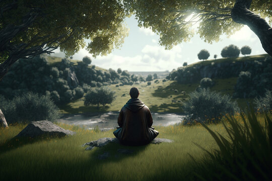 a monk meditating in nature, created by a neural network, Generative AI technology