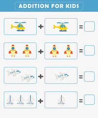 Preschool addition worksheet with cute illustration. Math Activities for Kids. Math activities for toddlers to practice early math concepts.