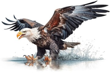 Bald eagle attacking fish in water