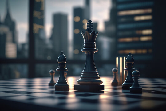 Skyscrapers surround chess pieces, born from Generative AIs