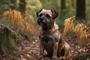 Autumn portrait dog Border Terrier. Generative AI