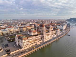 Hungarian Parliament Building in Budapest Cityscape A Bird's Eye View from a Drone Point of View over the Danube River