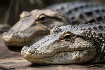 Fototapeta premium Two Chinese alligators sunbathe. Generative AI