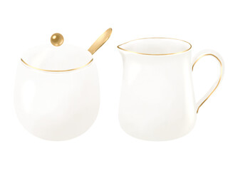 ゴールドラインが入ったシンプルでお洒落なシュガーポットとミルクピッチャーのセット　紅茶