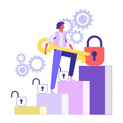 Unlock your skills, businesswoman with big key, unlock padlock on stair. Female employee climb corporate career ladder, skills improvement, rise to new level, flat vector illustration