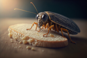 Close-up of cockroach on piece of bread, disgusting insect parasite indoors. Generative ai illustration