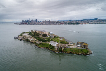 Aerial view of Alcatraz island in the San Francisco Bay. USA. The most famous Alcatraz Prison,...