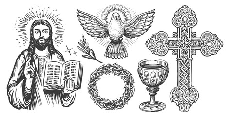 Faith in God concept, sketch. Worship, church, religious symbols in vintage engraving style. Illustration set