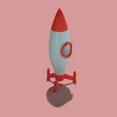 Space rocket model with a hard shadow on a pink background - a blank for a seamless graphic pattern. 3D rendering. Layout.