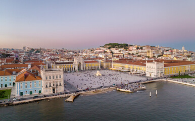 Fototapeta na wymiar Commerce Square at night in Lisbon, Portugal. Palace Yard, Royal Palace of Ribeira. Drone Point of View