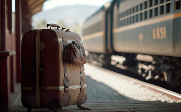 old, brown Suitcase at the train station (generative AI)