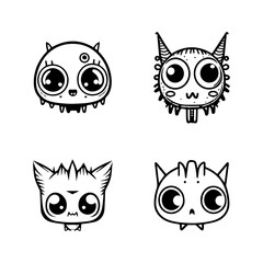 cute anime monster collection set hand drawn line art illustration