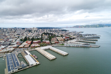 Obraz premium Embarcadero in San Francisco. Pier and Eastern Waterfront and Roadway of the Port of San Francisco, San Francisco, California. USA. Drone