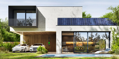 Obraz na płótnie Canvas Modern house with solar panels and electric cars