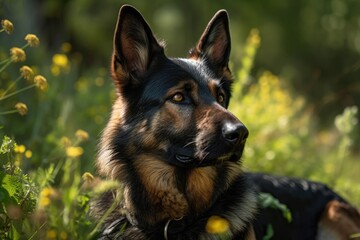 a lovely portrait of a German Shepherd dog on a nice summer day in 2022, advertisement image. Generative AI